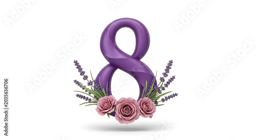 Purple number eight decorated with lavender sprigs and pink roses isolated on a white background for celebration