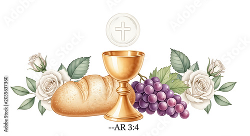 Christian holy communion with golden chalice bread grapes and white roses on a clean white background