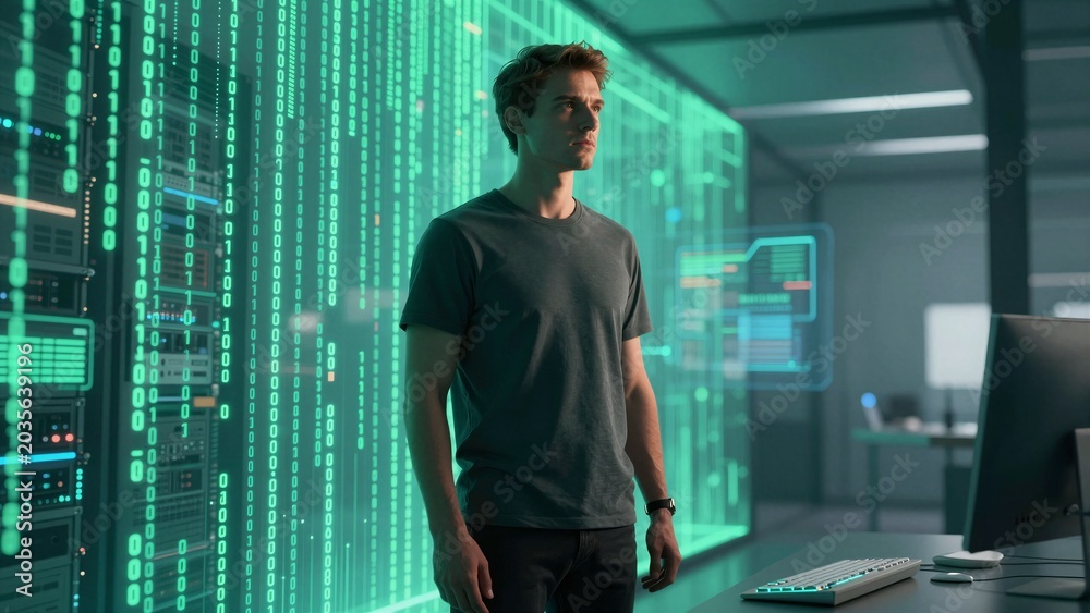 Fototapeta premium A man stands in a futuristic data center surrounded by glowing green binary code and computer servers.