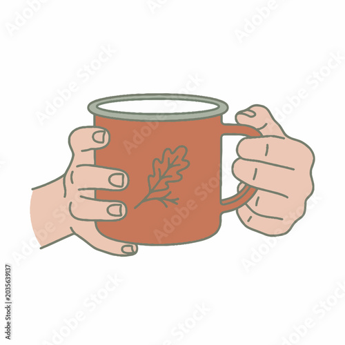 Two hands holding an orange enamel mug with a sage green oak leaf design, depicted in a cozy flat vector illustration style on a white background.