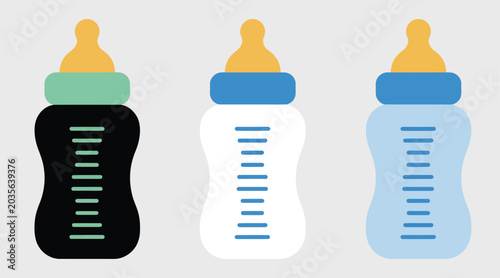 Fotografía Baby feeding, bottle icon set, infant care and newborn feeding symbols with measurement markers and different nipple tops