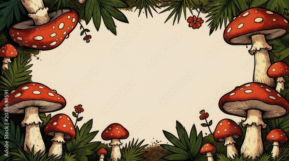 Obraz premium Red and white spotted mushrooms and green leaves form a border. This doodle art has blank space for text or design elements. Ideal for fantasy or nature themes.