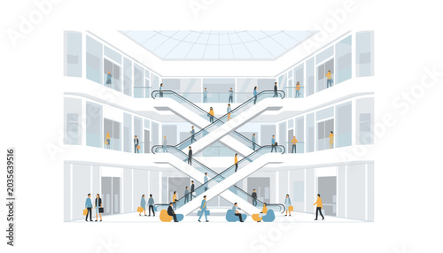 A wide view of a multi-story shopping mall interior shows people on different levels with crisscrossing escalators under a glass dome.
