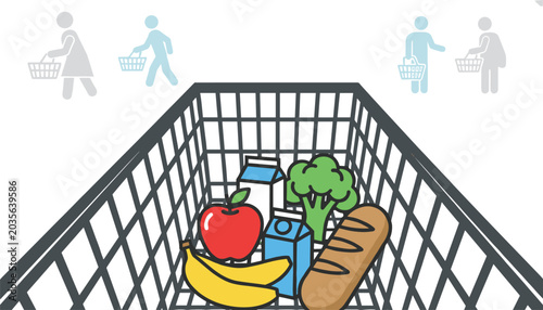 A first-person view shows a shopping cart filled with fresh produce and groceries moving through a store with shoppers.