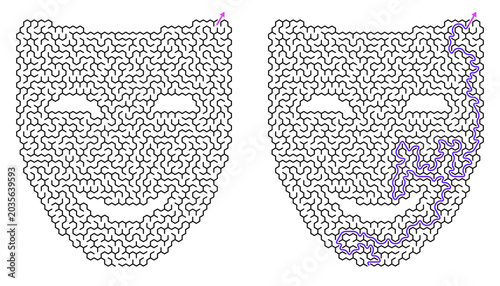 Labyrinth puzzle in shape of smiling theater mask with purple solution line and finish arrow. Vector maze game for print. Entertainment and leisure activities, finding way challenge