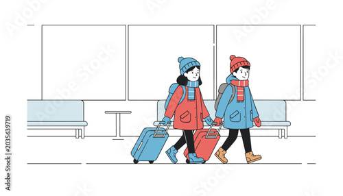 Two travelers in winter coats and hats walk through a transit station while pulling their red and blue suitcases.