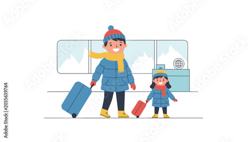 A father and young daughter dressed in blue winter coats and hats stand in an airport with their rolling suitcases.