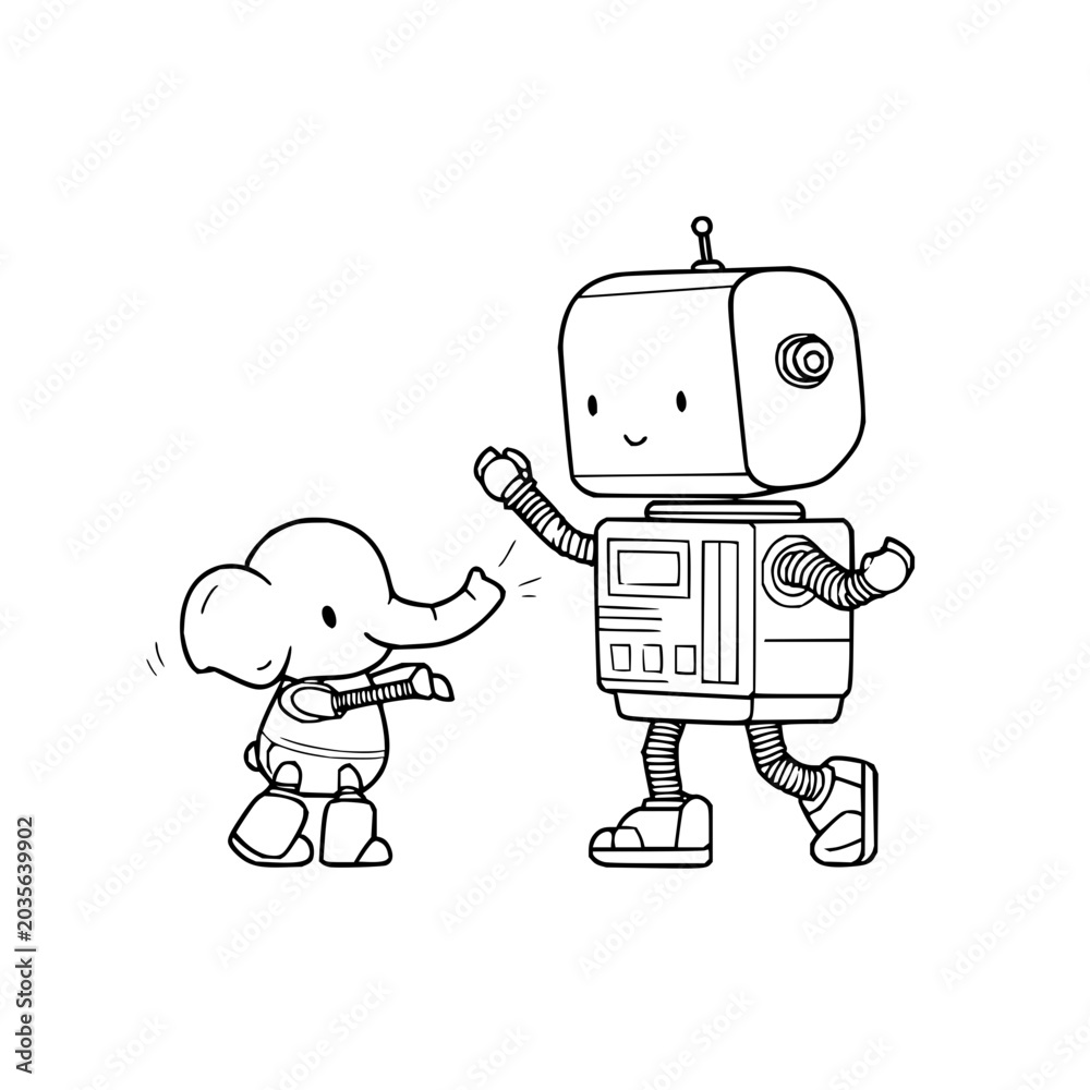 Naklejka premium Cute robot and small robotic elephant interacting in black and white line art style