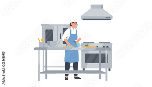 A female chef in a blue apron and white hat cleans a stainless steel kitchen counter with a spray bottle in a professional kitchen.