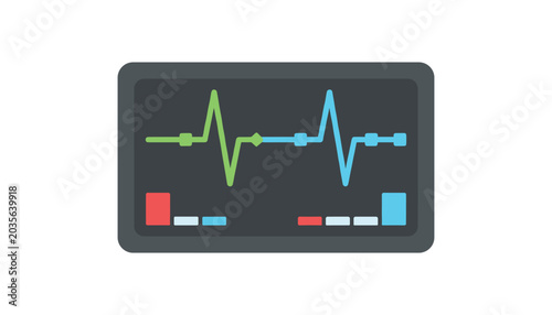 A medical monitor displays two distinct heart rate waveforms in green and blue on a dark gray screen in a healthcare or hospital setting.