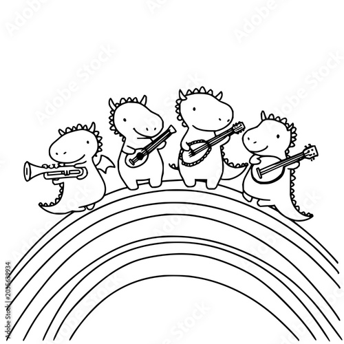 Whimsical cartoon dragons playing trumpet and banjos on a rainbow line art illustration