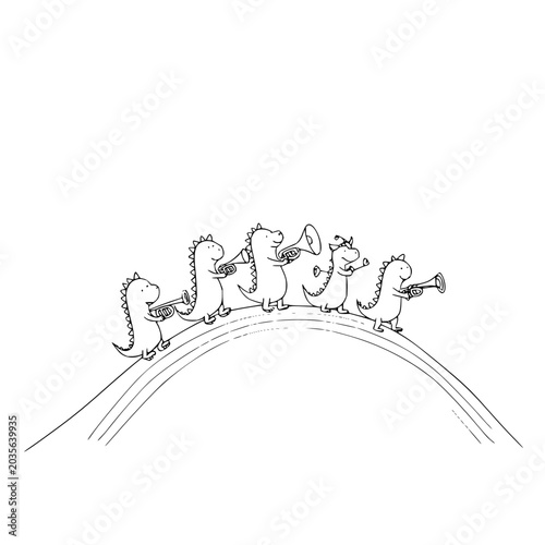 Group of cute cartoon dinosaurs playing trumpets on a curved rainbow line art drawing