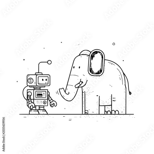 Small android robot standing next to a large mechanical elephant in line art style