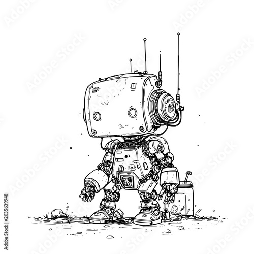 Small robot with a large monitor head standing on a desolate rocky landscape in line art
