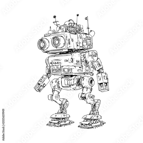 Detailed mechanical robot with antennas and lenses in a complex black and white ink sketch