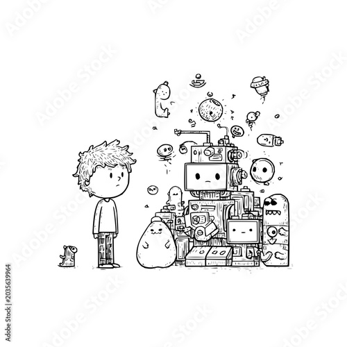 Young boy standing next to a group of quirky robots and a large machine, whimsical black and white line art