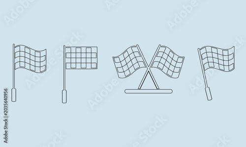 Set of checkered flags and finish line icons on a light blue background