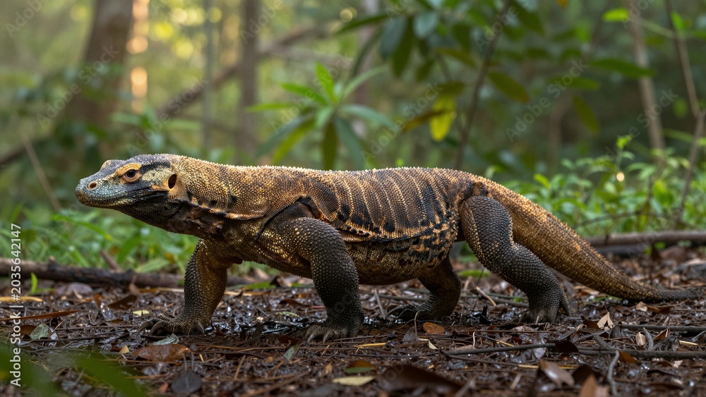 Obraz premium A Komodo dragon walks across forest floor with lush greenery and soft focus background.