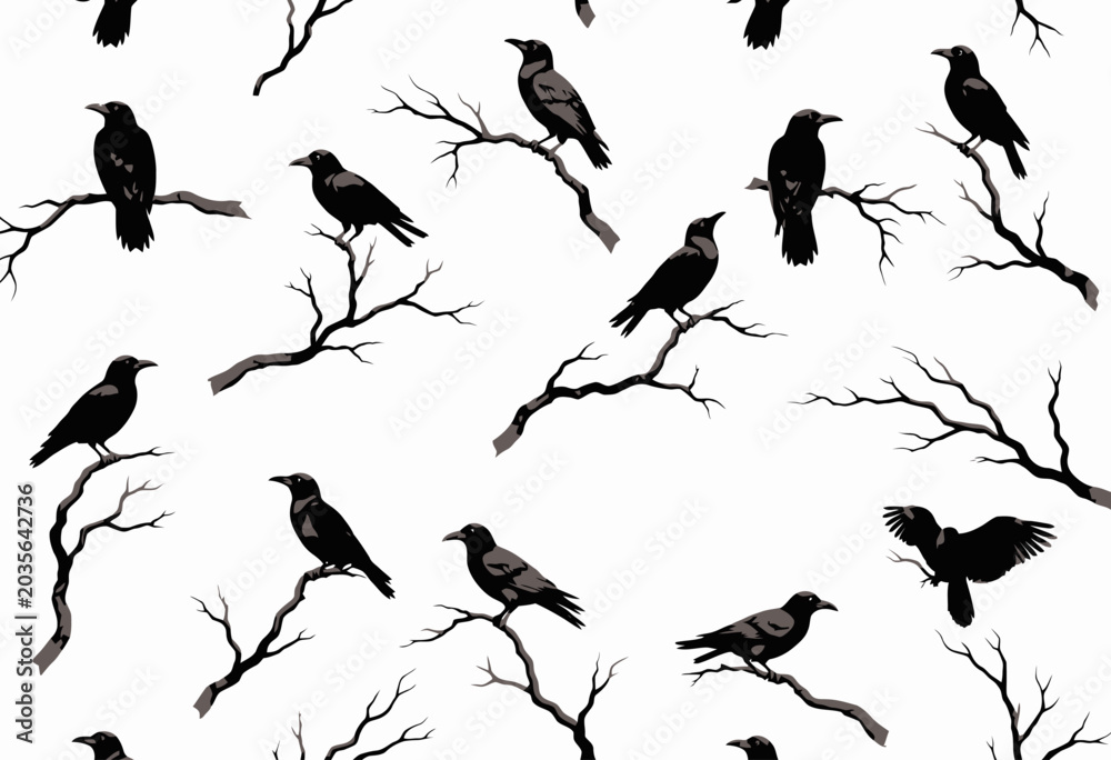 Fototapeta premium Pattern of Crows on Leafless Branches with White Background