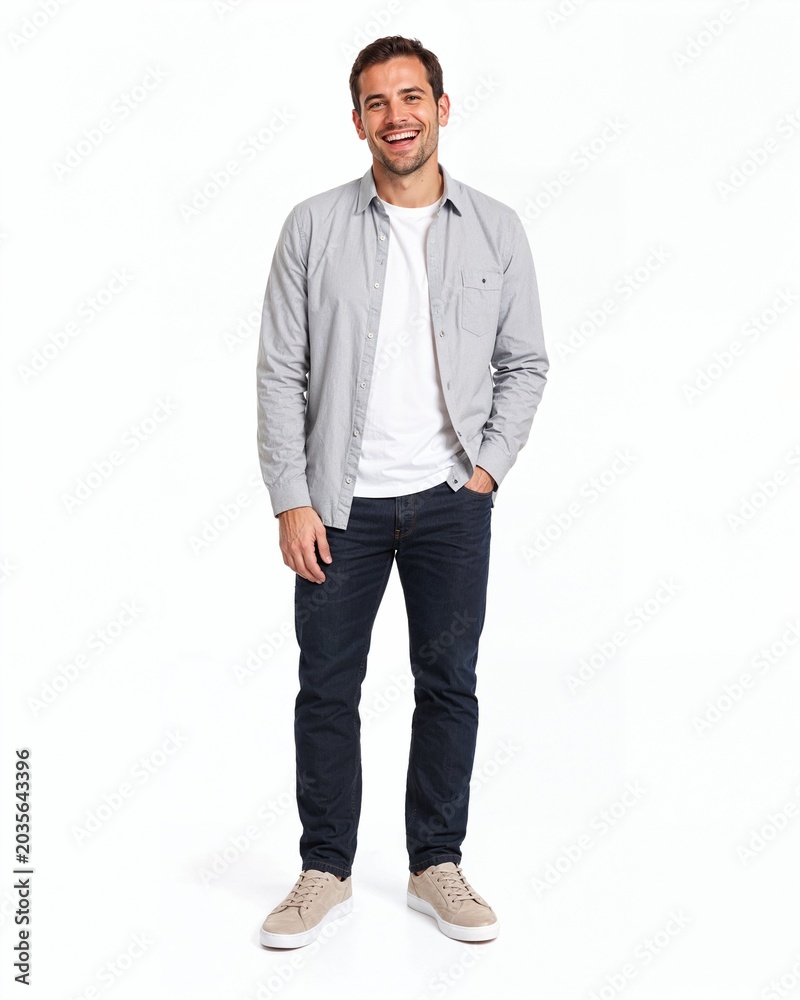 Fototapeta premium Happy casual businessman laughing with hand in pocket on white background