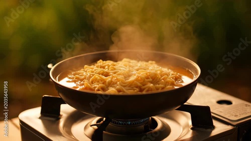 Close-up of instant ramen noodles boiling in a pan on a portable gas stove. Hot steam rising from spicy soup cooking outdoors at a campsite. Warm golden hour lighting and outdoor cooking concept