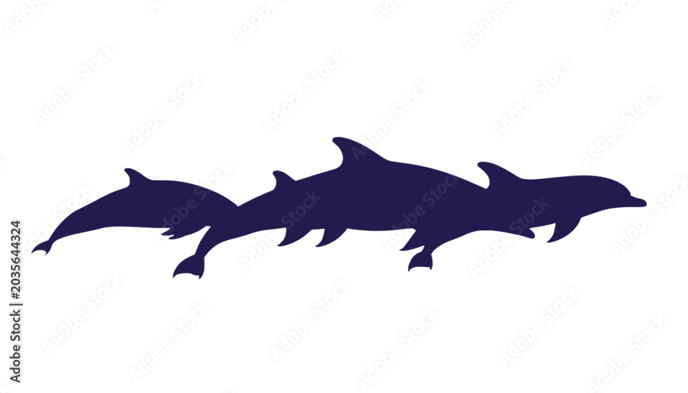 Fototapeta premium Three dark blue dolphin silhouettes swim gracefully in a horizontal line across a clean white background.