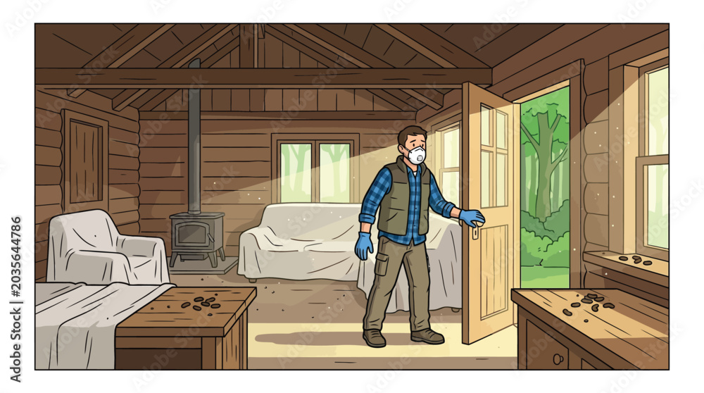 Fototapeta premium Man wearing protective gear entering a dusty, abandoned cabin with rodent droppings