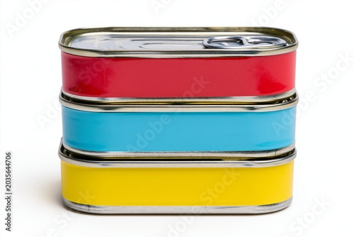 Stack of three colorful blank tin cans on a white background