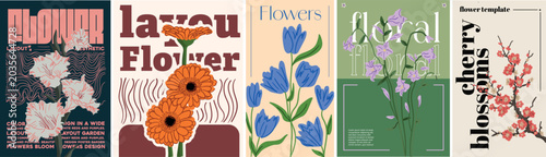 Modern floral poster templates collection with botanical vector illustrations