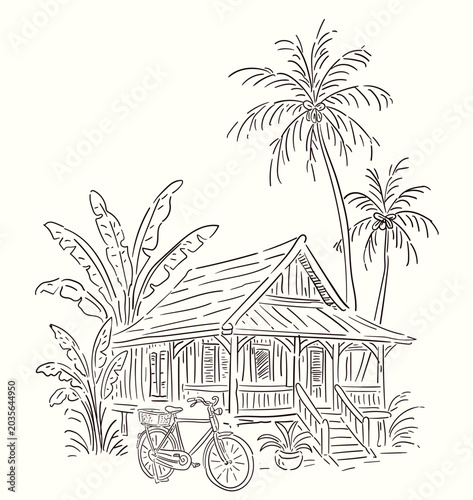 Tropical wooden cottage line art vector illustration with bicycle and palm trees