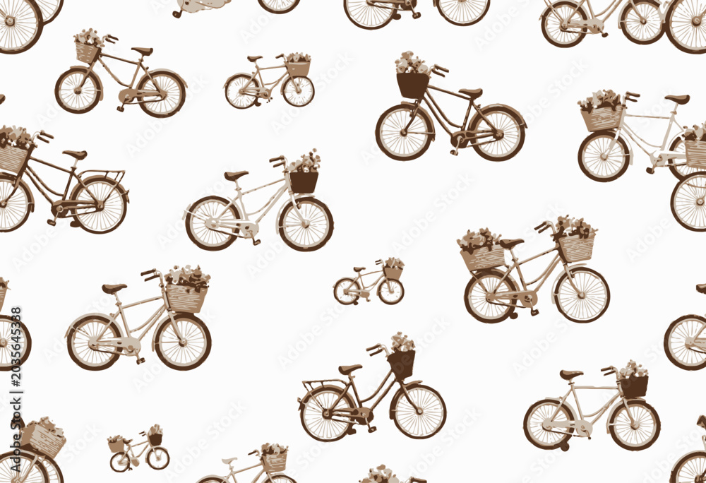 Obraz premium Seamless Pattern of Vintage Bicycles with Floral Baskets on White Background