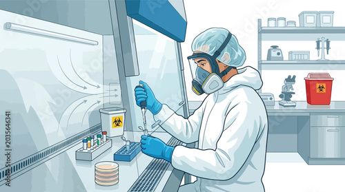 Scientist working in a laboratory biosafety cabinet wearing protective gear and a respirator mask