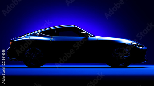 Silhouette of a sports car in a dark blue studio