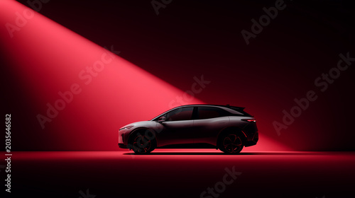 A dark car spotlighted with red light