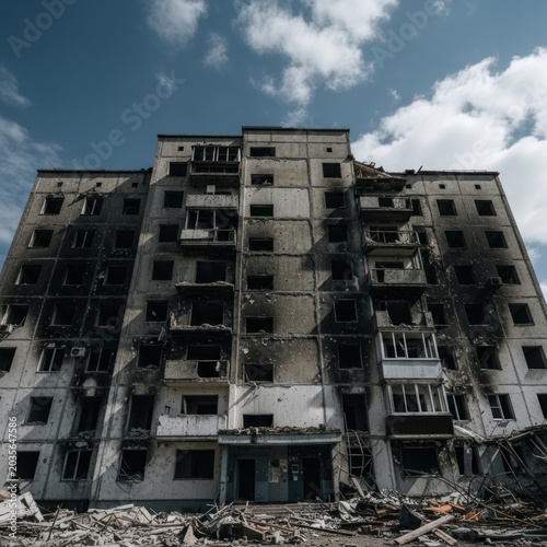 Damaged apartment building showing signs of destruction and war aftermath.