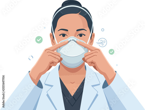Doctor adjusting n95 respirator mask on face, healthcare professional wearing protective equipment, medical safety concept, isolated on white background
