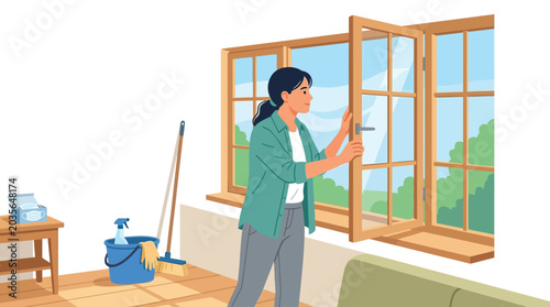 Woman opening window to ventilate room after cleaning with supplies