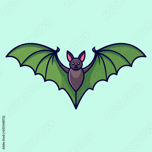 Cute green and brown bat illustration with spread wings.