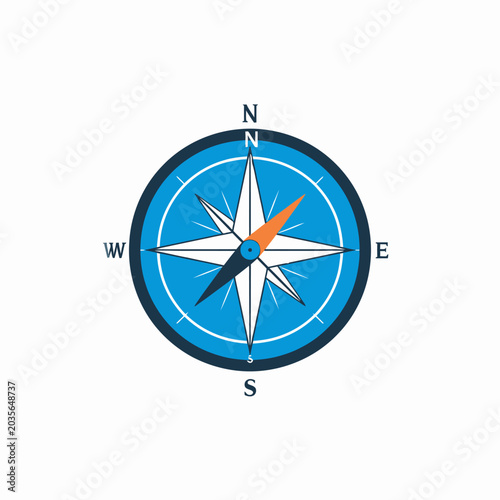 Dark blue circular nautical compass icon with orange needle.
