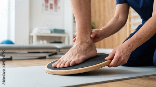 Therapist adjusting foot on balance board during physiotherapy session  