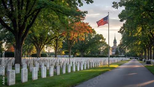 Arlington national cemetery pathway with american flag at sunset