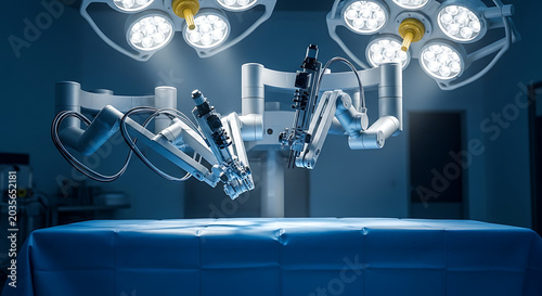 Advanced robotic surgical system in a modern operating room. High-tech medical robot arms for precision surgery. Healthcare technology and innovation concept