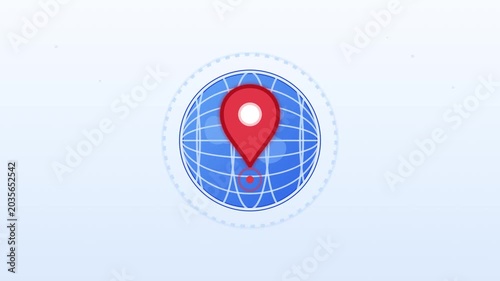 A red location pin icon on a blue globe map illustration symbolizes navigation.