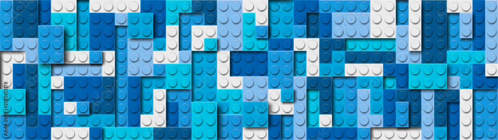 Obraz premium Realistic blue plastik constructor background with shadows. Play and build concept. Blue sea water style. Vector illustration