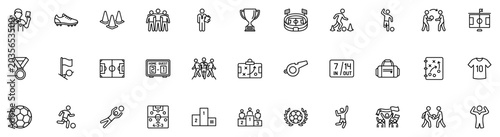 Obraz na płótnie Set of soccer line icons including referee, cleats, cones, team, tactics, trophy