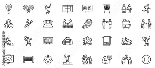 Foto Set of outline padel sport icons including rackets, players, court, scoreboards,