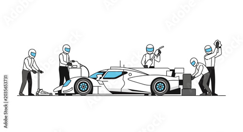Tableau sur toile Race car pit stop crew working on sports car, team preparing vehicle for race