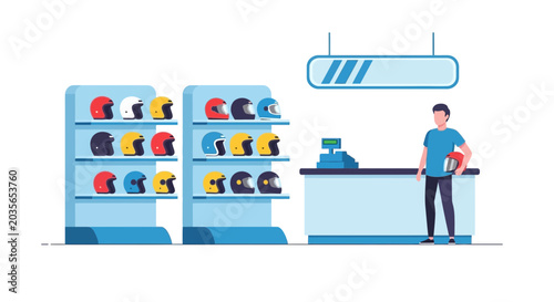 Quadro su tela Man in Motorcycle Shop with Helmets on Display and Counter