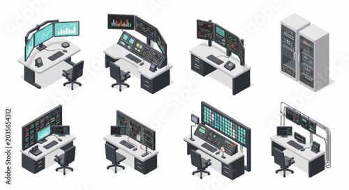 Set of isometric control rooms with multiple monitors, computers, and server racks, representing data centers and surveillance operations.