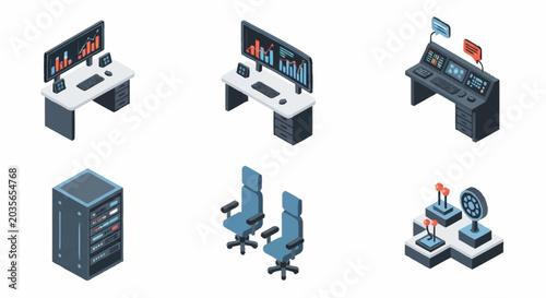 Obraz na płótnie Isometric illustration of a control room setup with computers, servers, and chairs